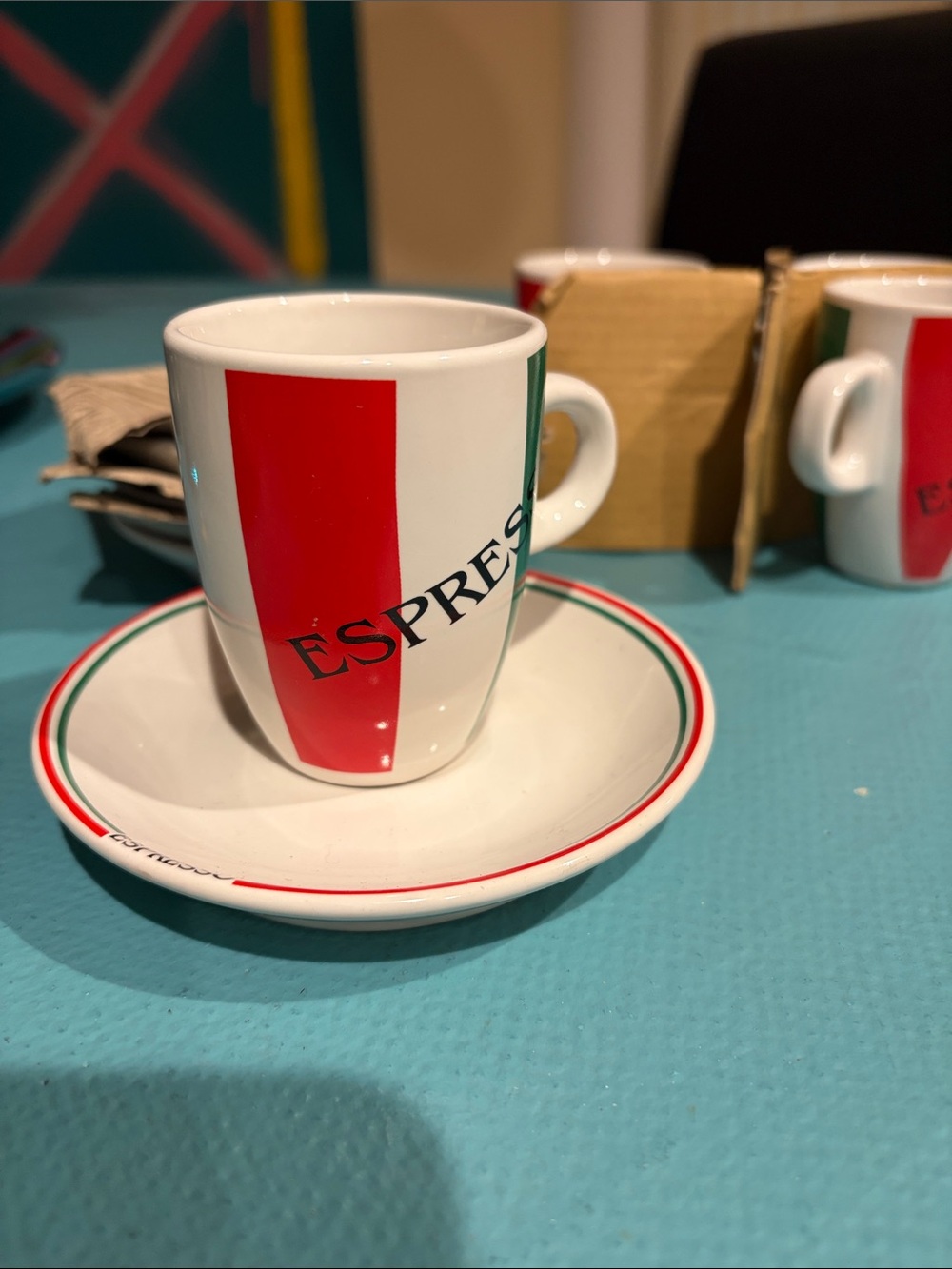 Espresso White Cup and Saucer with Red and Green Stripe Brand I.GODINGER & Co